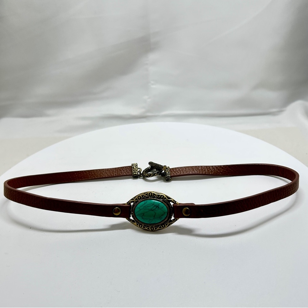 Brown Leather, Gold, Turquoise Necklace?, Belt?